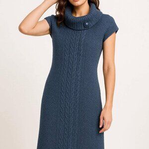 Denim Blue Cable Knit Short Sleeve Sweater Dress Below Knee Length Cowl Neck XL